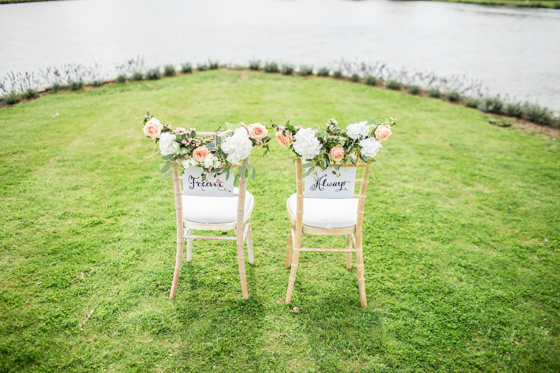 budget wedding chairs in grass field